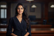 Portrait of a young indian female lawyer smiling and happy at her workplace in the office. Indian lawyer, technologist and professional face, female lawyer and legal consultant in a law firm.