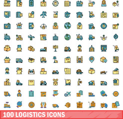 Sticker - 100 logistics icons set. Color line set of logistics vector icons thin line color flat on white