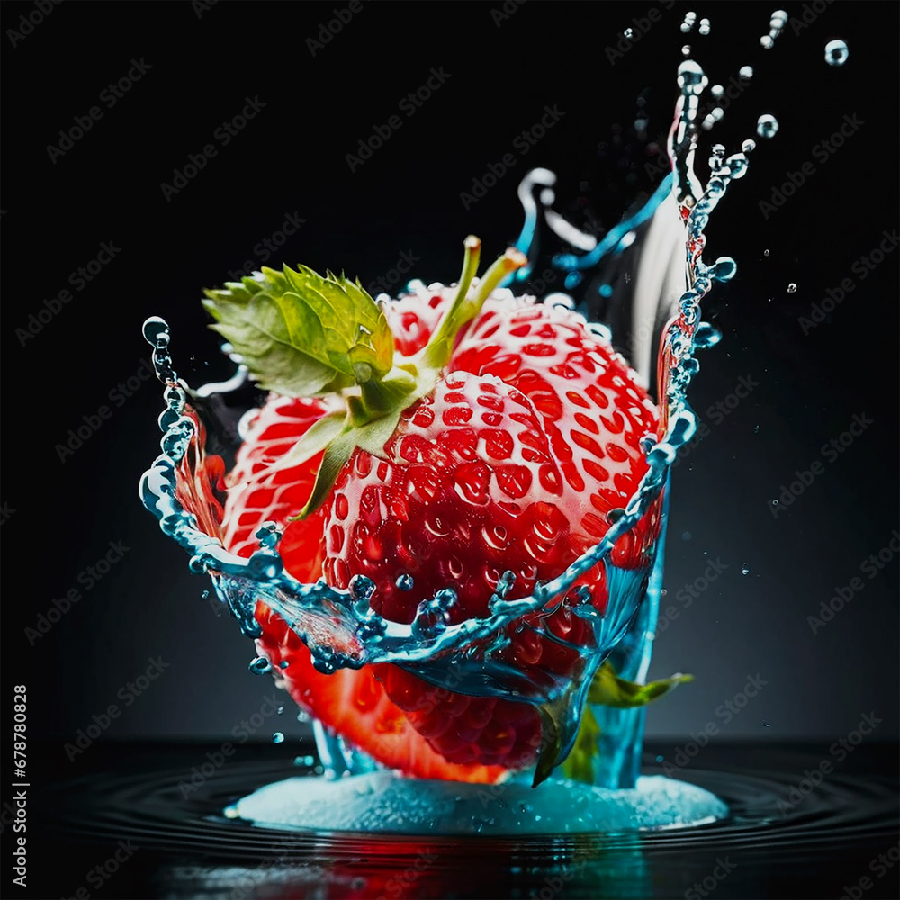 Strawberry Water Splash Extravaganza Strawberry Delight Hyperrealistic Creative Flying Fruits Photography of Strawberries Mints Ice Cubes Refreshing Water Splash and Color Dripped Strawberry festival