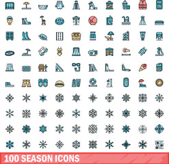 Poster - 100 season icons set. Color line set of season vector icons thin line color flat on white