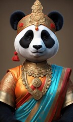 Panda in traditional Thai costume on brown background, close-up
