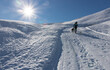 sportif en train d'escalader une montagne à pieds avec ses chiens dans la neige en hiver
