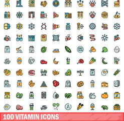 Sticker - 100 vitamin icons set. Color line set of vitamin vector icons thin line color flat on white