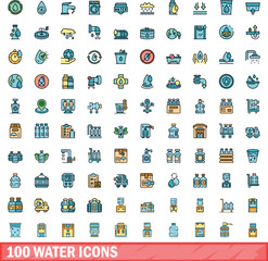 Sticker - 100 water icons set. Color line set of water vector icons thin line color flat on white