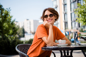 Poster - Photo of cute sweet good mood girl drinking tea outdoors enjoying weekend warm weather