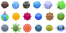 Alien Planet For Game Icons Set Isometric Vector. Fantasy Alien. Space Planet Game