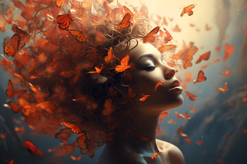 Wall Mural - Abstract fashion female close-up portrait with butterflies in background. Sensual and glamour lux woman style. Cover magazine, wallpaper and poster design. Digital art concept