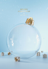 Wall Mural - Merry Christmas greeting card design. Big glass Christmas ball with presents and copy space on blue background. 3D Rendering, 3D Illustration