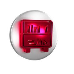 Sticker - Red Shelf with books icon isolated on transparent background. Shelves sign. Silver circle button.