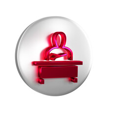 Poster - Red Schoolboy sitting at desk icon isolated on transparent background. Silver circle button.