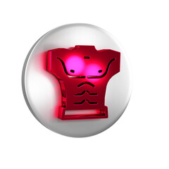 Poster - Red Bodybuilder showing his muscles icon isolated on transparent background. Fit fitness strength health hobby concept. Silver circle button.