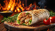 deliciously dense shawarma roll placed on rustic board with fiery flame in the background shawarma is generously filled with grilled chicken beef or lamb infused with aromatic spices