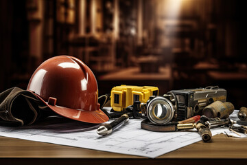 Hard hat and safety equipment on a wooden table in a factory.