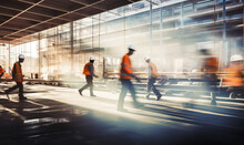 A Busy Construction Site With Many Builders Working. Long Exposure Motion Blur