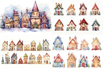 Wall Mural - watercolor cartoon style illustration, cute winter snow town , cold snow fall covered over roof, happy Christmas and new year time, Generative Ai