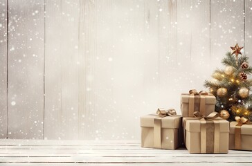 Poster -  a christmas tree with presents under it in front of a wooden wall with snow falling on the ground and snowflakes on the top of the top of the tree.