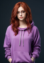 Wall Mural - young red-haired girl in a purple hoodie, teenager, student, color background, beautiful woman, fashion, style, portrait, hairstyle, face