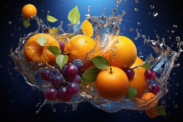 Wall Mural -  oranges, grapes, and grapes are splashing into a glass of water on a blue background with green leaves and green leaves on the top of the glass.