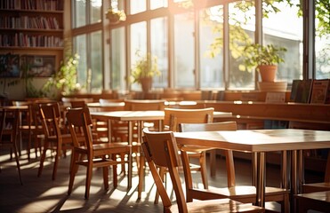 Sticker -  a row of wooden tables and chairs in a room with large windows and potted plants on either side of the table and a row of bookshelves on the wall.