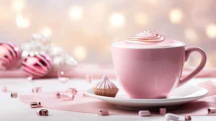 Poster -  a cup of hot chocolate with whipped cream on a saucer and a plate with a cupcake on a saucer on a pink table with pink and silver ornaments in the background.