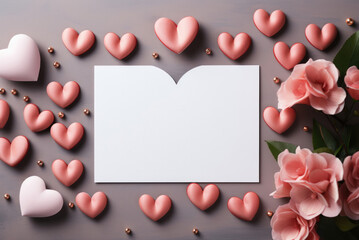 White sheet of paper for copying space in a frame of hearts and flowers on the background. Flat lay Valentine card