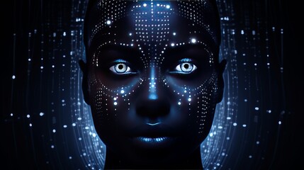 Male black face with matrix digital numbers, dots, connections. Digital screen with a virtual reality man. Robotic wired head