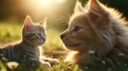 Wall Mural - A cat playing in grass with dog