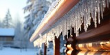 Fototapeta Panele - Icicles hanging from the edge of the roof of a wooden house, winter nature. Generative AI