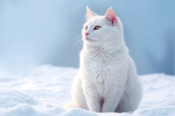 Sticker - White kitty on white snow outdoor, copy space