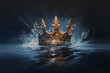 Golden Crown Adrift in the Dark Sea, A golden crown in the middle of a sea with water splash