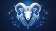 A goat with long horns and a blue background.