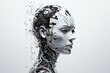Female robotic head with pixelated digital decomposition
