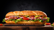 Submarine sandwich with ham, cheese, lettuce, tomatoes,onion on wooden table
