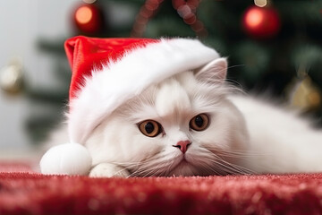 Canvas Print - Snow white cat in red Santa hat under Christmas tree