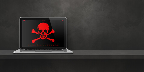 Laptop on a shelf with a pirate symbol on screen. Hacking concept