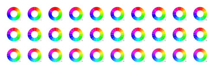 Gradient colored pie chart templates. Bright vibrant infographic donut graphs. Vector diagram wheel for multiple section circle. 3, 4, 5, 6 parts of ring.