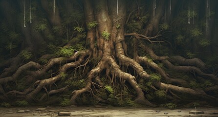 Poster -  a painting of a huge tree with a lot of roots growing out of it's sides in the middle of a forest with lots of trees and birds flying around it.