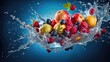  a bunch of fruit is splashing out of a bowl of water with a butterfly on top of the fruit and the water is splashing on the bottom of the bowl.