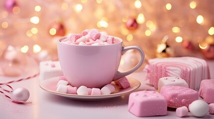 Poster -  a pink cup filled with marshmallows sitting on top of a saucer next to a pile of pink and white marshmallows on a table.