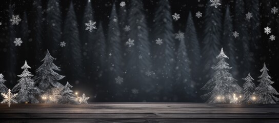 Poster -  a black and white photo of christmas trees and snowflakes on a wooden table in front of a dark background with snowflakes and snowflakes in the air.