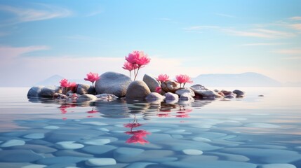 Sticker -  a pink flower sitting on top of a pile of rocks in the middle of a body of water with rocks in the foreground and a mountain range in the background.