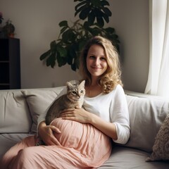 Pregnant woman in the home room on the couch with a cat