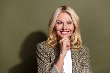 Sticker - Portrait photo of toothy smiling successful financial director touch chin brainstorming at teambuilding isolated on khaki color background