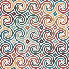 Canvas Print - Seamless repeating pattern with multicolored swirls on a white background. Retro style design. Vintage colors. Geometric striped ornament. Vector illustration.