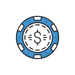 Wall Mural - Betting token, casino chips for poker or roulette isolated color line icon. Vector poker chip with dollar sign, gamble games playing cash in casino