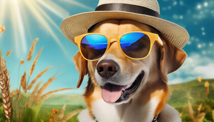 Wall Mural - happy dog in sunglasses and hat on background illustration ai