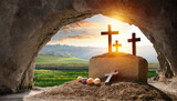 Fototapeta Do przedpokoju - crucifixion and resurrection empty tomb of jesus with crosses in the background easter or resurrection concept he is risen happy easter