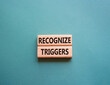Recognize triggers symbol. Concept words Recognize triggers on wooden blocks. Beautiful grey green background. Business and Recognize triggers concept. Copy space.