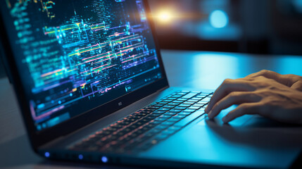 a programmer works on a laptop on the screen of which there is program code, developing an application or website. ai generative