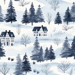 Nice seamless Christmas pattern wallpaper set of winter village houses in the snow among pine trees, blue and white, tile page decoration, traditional festive winter holiday season, happy new year